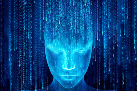 Hologram robota umelej inteligencie vychádzajúci z binárneho kódu.